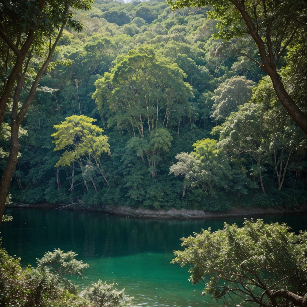 looking down on a vast forest with an impressive diversity of trees. De uma perspectiva elevada, you can contemplate the exuberance and immensity of this verdant ecosystem.
No meio da floresta, winding through the trees, there is a river with crystal clear and shining waters. The riverbanks are adorned with carefully placed stones, offering a visually pleasing composition.
Sunlight gently breaks through the tree canopy, creating intense and brilliant reflections on the moving waters of the river. A correnteza parece uma corrente de brilhos, adding a magical touch to this spectacular view that you observe from above.
It's as if nature is creating a visual masterpiece, onde as cores vivas e os brilhos intensos do rio se combinam em uma sinfonia visual cativante.