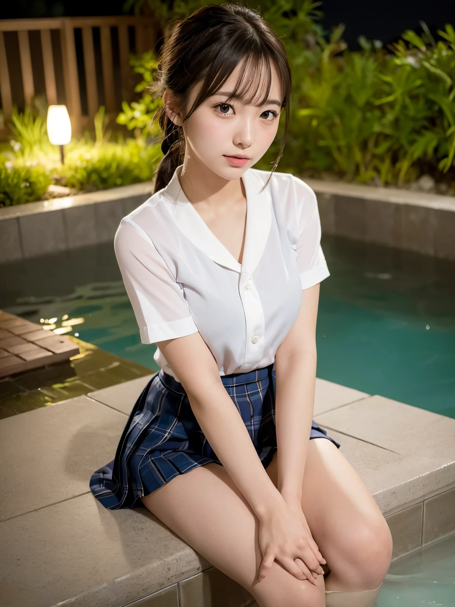 (wet Mini skirt with checked pattern, shirt: 1.2), ((of the highest quality, 8K, masutepiece: 1.3, Raw photo)), Sharp Focus: 1.2, (1 AESPA Girl :1.1), SOLO, (Realistic, Photorealistic: 1.37), (Face Focus: 1.1), Cute face, hyperdetailed face, (wet short messy hair: 1.1), Small breasts, flat chest, open-air bath at night in a hot spring in Japan, blush, (girl is Lying on the hot water: 1.3), moon light, nude, Thigh, (arms up: 1.1)