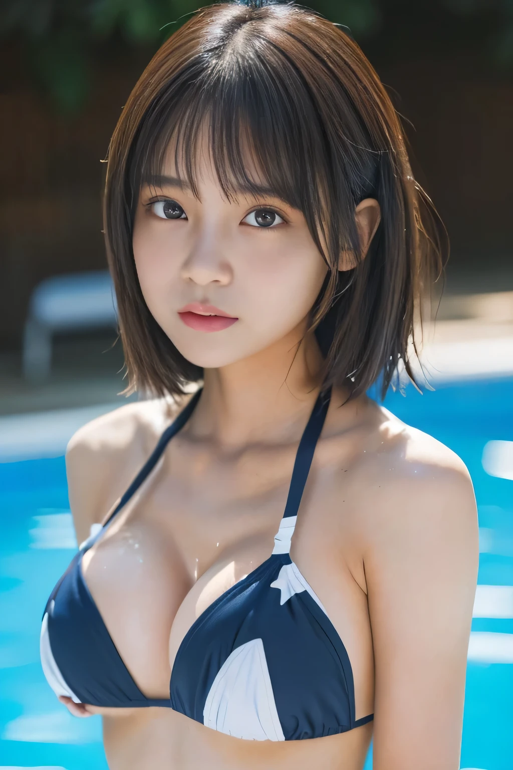 (((2girls:1.5, Same height :1.2))),(Editorial of a 13 year old beautiful Melanesian woman), (maikurobikini:1.4), (Highly detailed face:1.5), (sultry seductive smile:1.2), (musculature:1.6), (swimming pools), (8K, nffsw, Digital SLR, High quality, Cinematic lighting, Bokeh), (Dramatic, Award-winning, great essentials:1.Product quality, 1 girl, Cowboy Shot, Front view, a Japanese young pretty girl, Bob Hair, Glamorous figure, A big smile, 高校のスポーツ施設の屋内swimming poolsでサテンの紺色の競技水着を着る, a wet body, Super cute face, Glossy lips, double eyelids for both eyes, Natural makeup, long eyelashes, shiny smooth light brown Bob Hair, asymmetrical bangs, Tanned skin, Center Image, High resolution, detailed hairstyle, Detailed face, Cinematic lighting, Octane Rendering, Hyper realistic, Perfect limbs, Perfect Anatomy,13years, Junior high school girl, (((huge-breasted:1.4)))、(2girls, Same height :1.2)