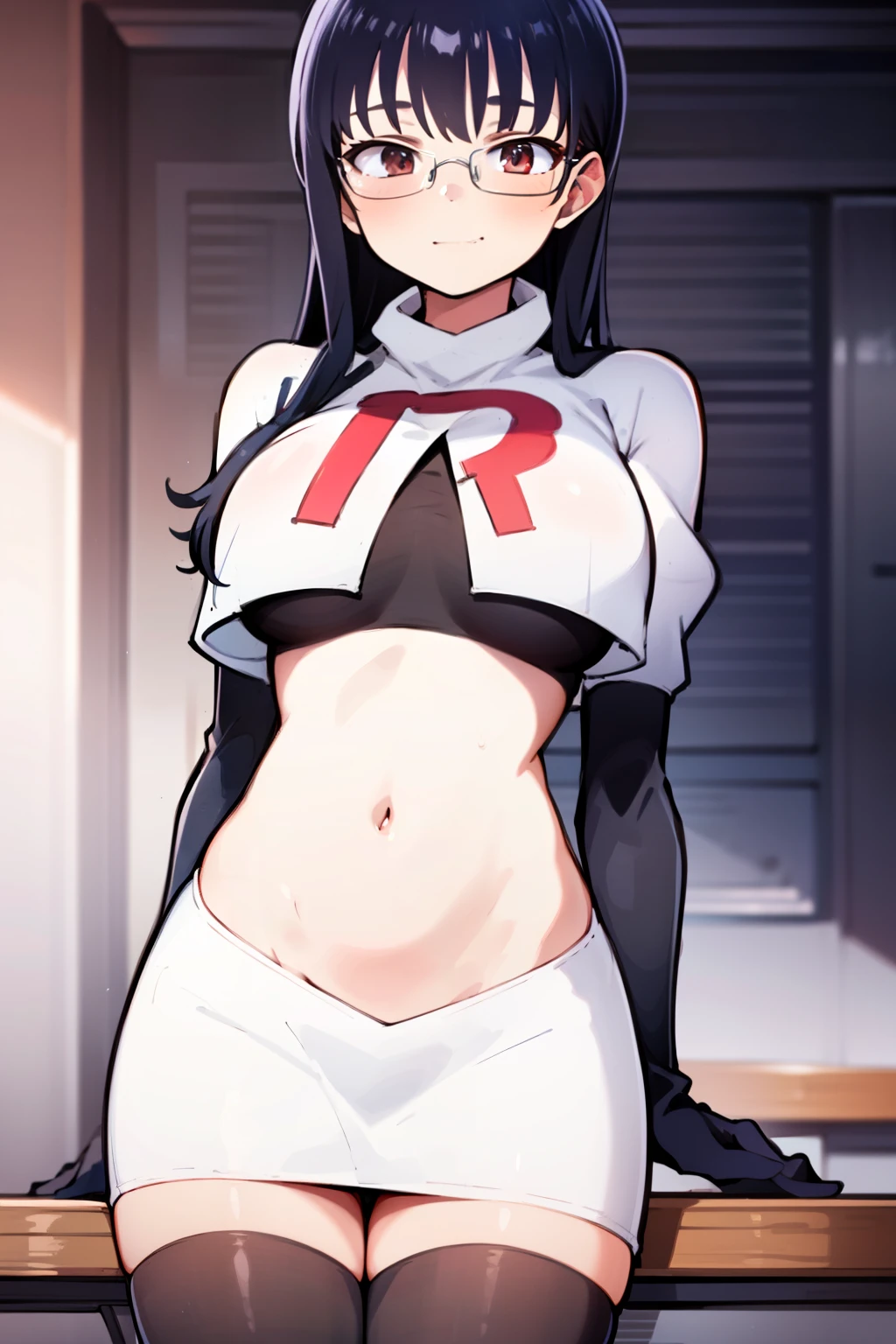 (masterpiece, best quality, ultra-detailed), 1girl, looking at viewer, glasses, team rocket,team rocket uniform,white skirt,red letter R,crop top,black thigh-highs,black elbow gloves,