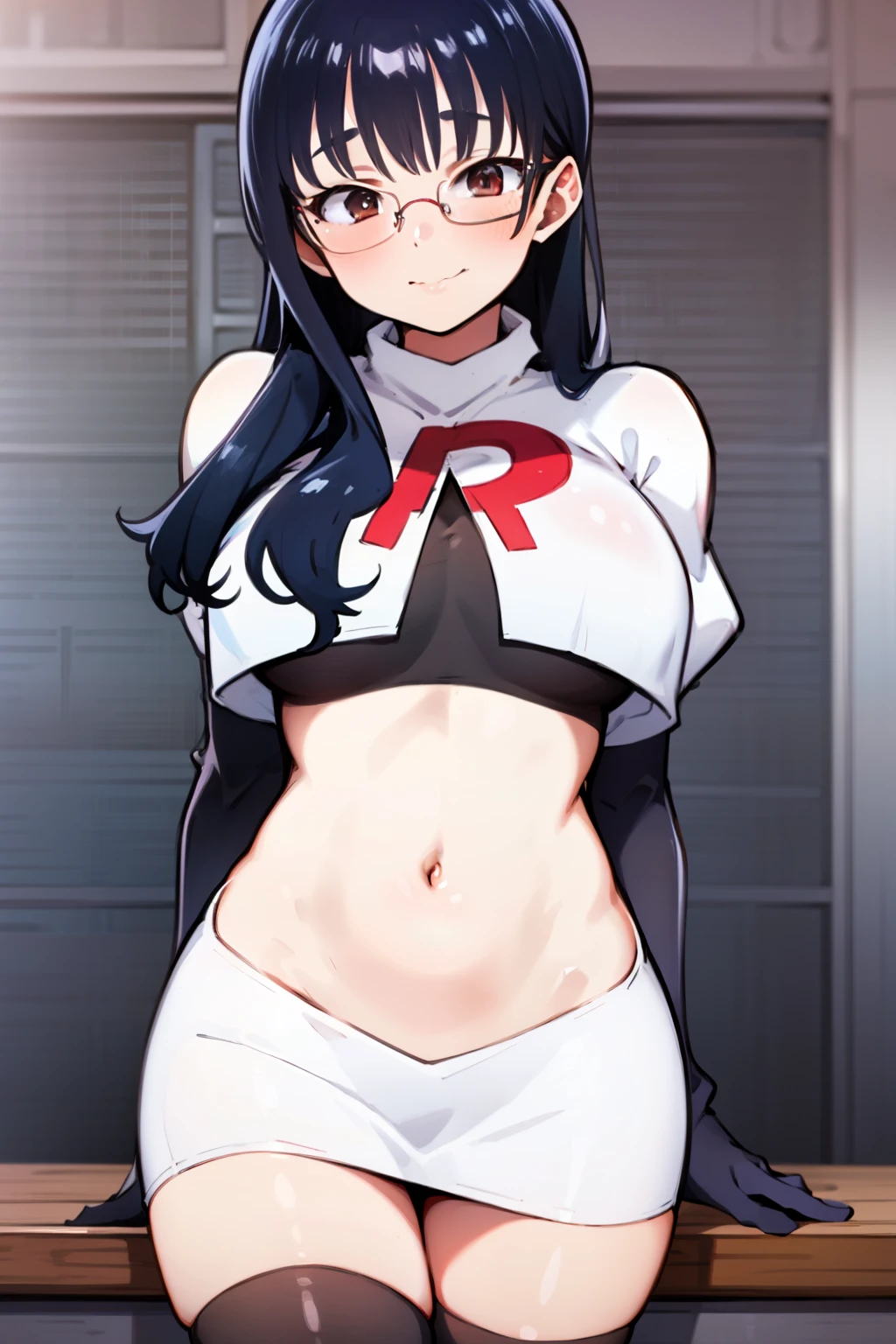 (masterpiece, best quality, ultra-detailed), 1girl, looking at viewer, glasses, team rocket,team rocket uniform,white skirt,red letter R,crop top,black thigh-highs,black elbow gloves,