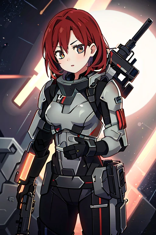 FemaleShepardME, 1girl, weapon, solo, realistic, gun, science fiction, red hair, space, rifle, makeup, lips, lipstick