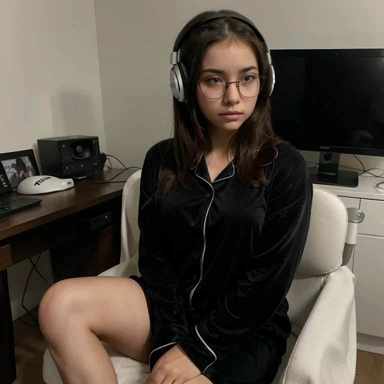 A beautiful and sexy -yeirl, wearing all black pajamas, black eye glasses. She has medium sized-breasts and has glowing white headphones. She is looking at her computer and is sitting down on her chair in a dimly lit room. Beautiful face