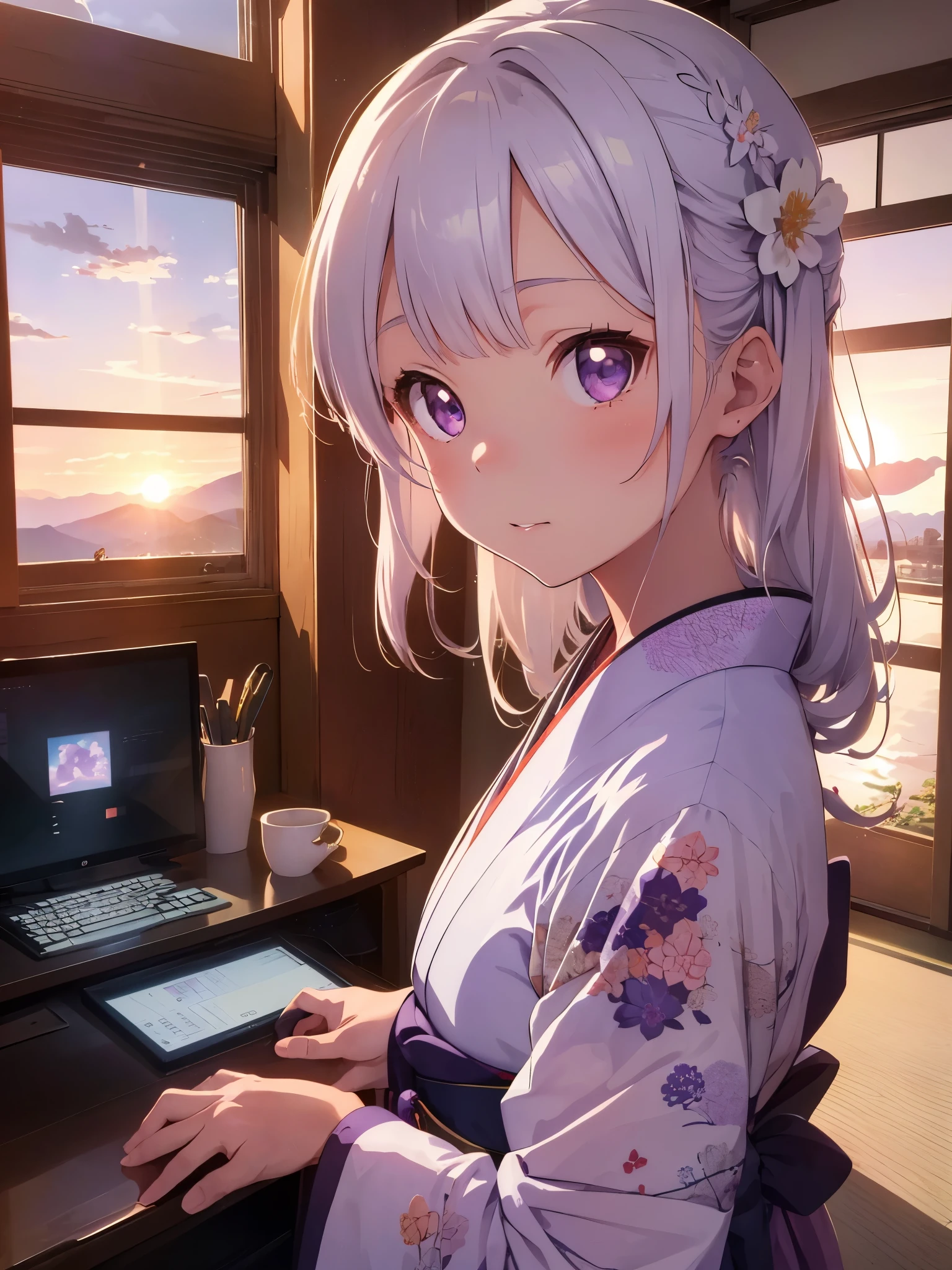 (Girl looking at the sunrises from the window of the room with a computer, mont. Fuji,sunrises, beautiful sunrises,
white  hair、Japanese kimono with long sideburns and beautiful computer pattern on light purple eyes、Kanzashi