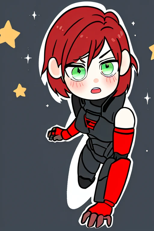 1girl, solo, Jane Shepard, FemShep, short hair, red hair, green eyes, black power armor, N7, outer space, ringed planet,