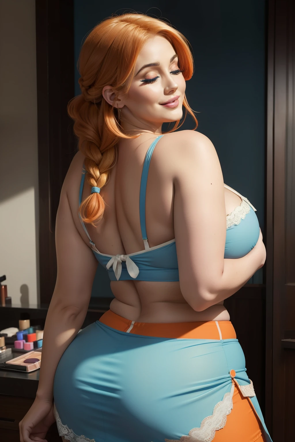 Lucy Pinder, ((VERY INTENSE MAKEUP)), sexy woman, voluptuous, cleavage, (Adele), chubby woman, lace, orange hair, hair braid, sleeveless crop top, light blue crop top, light blue skirt, kimono, pantyhose , smiling, back, ((eyes closed)), ((mouth wide open)).