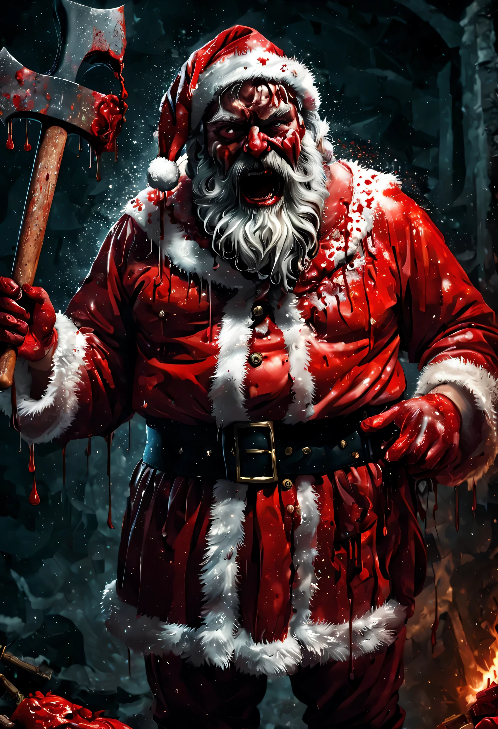 escena de terror, Santa Claus covered in drops of blood with an ax. , , sangre malvada y cruel goteando de sus manos , , agony and stress, christmas escena de terror, ,LegendDarkFantasy,Beyond_el_negro_arco iris,newhorrorfantasy_estilo,comics style