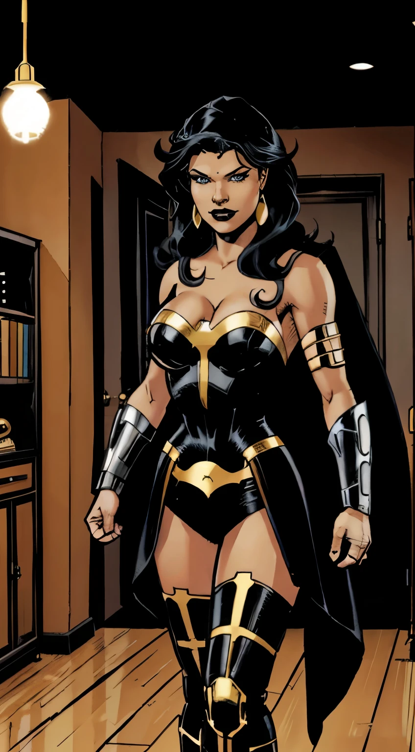 Uma mulher linda e sexy de longos cabelos brancos e olhos roxos usando uma armadura preta com detalhes dourados no estilo dc comics