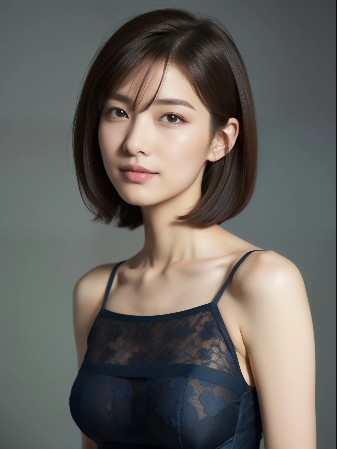 Beautiful 26 year old woman。She wears a tight camisole in light blue-gray satin fabric。Black lace at chest and hem.。kindly smile。Her dark brown hair is、Her hair is straight short bob hair。hight resolution、​masterpiece、top-quality、headw:1.4、((Hasselblad photo))、Fine skin、fine textured knit、(电影灯光)、鎖骨