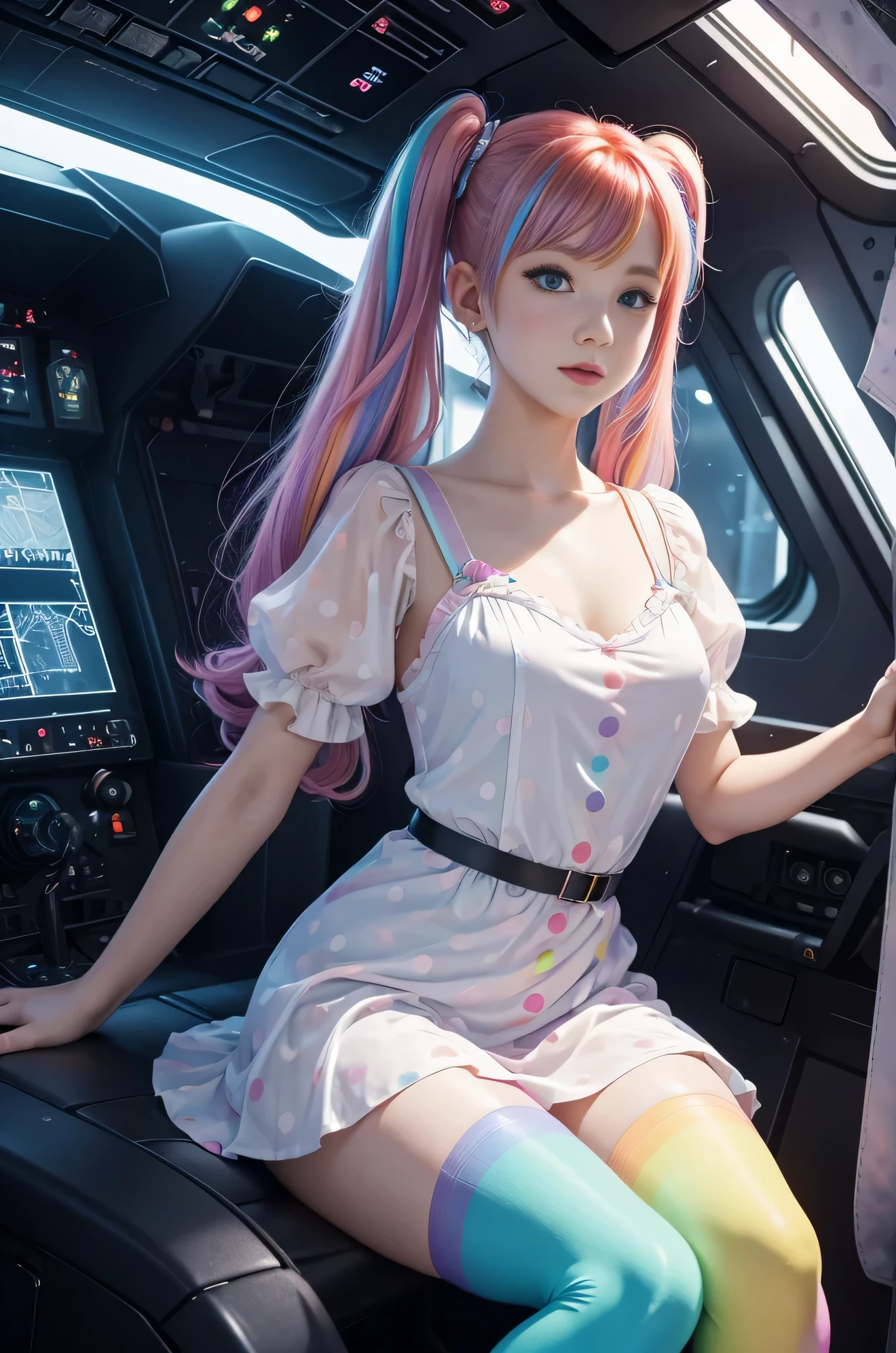 Cute redhead with rainbow colored hair tips, ribbons in her hair, 18-year-old woman, happy, in twin tails, perfect eyes, clear sparkling blue eyes, pale skin, silky smooth skin, flying a fancy metal luxurious space ship, futuristic cockpit, she's a pilot, dark warm lighting, wearing a futuristic party dress, pleated (chemise) mini dress (pastel rainbow colors, and polka dots), puffy sleeves, silk, wearing full body pantyhose, cute short cut booties.