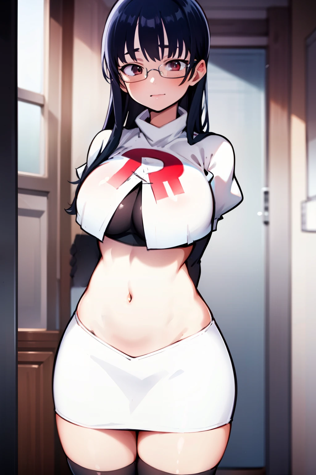 (masterpiece, best quality, ultra-detailed), 1girl, looking at viewer, glasses, team rocket,team rocket uniform,white skirt,red letter R,crop top,black thigh-highs,black elbow gloves,