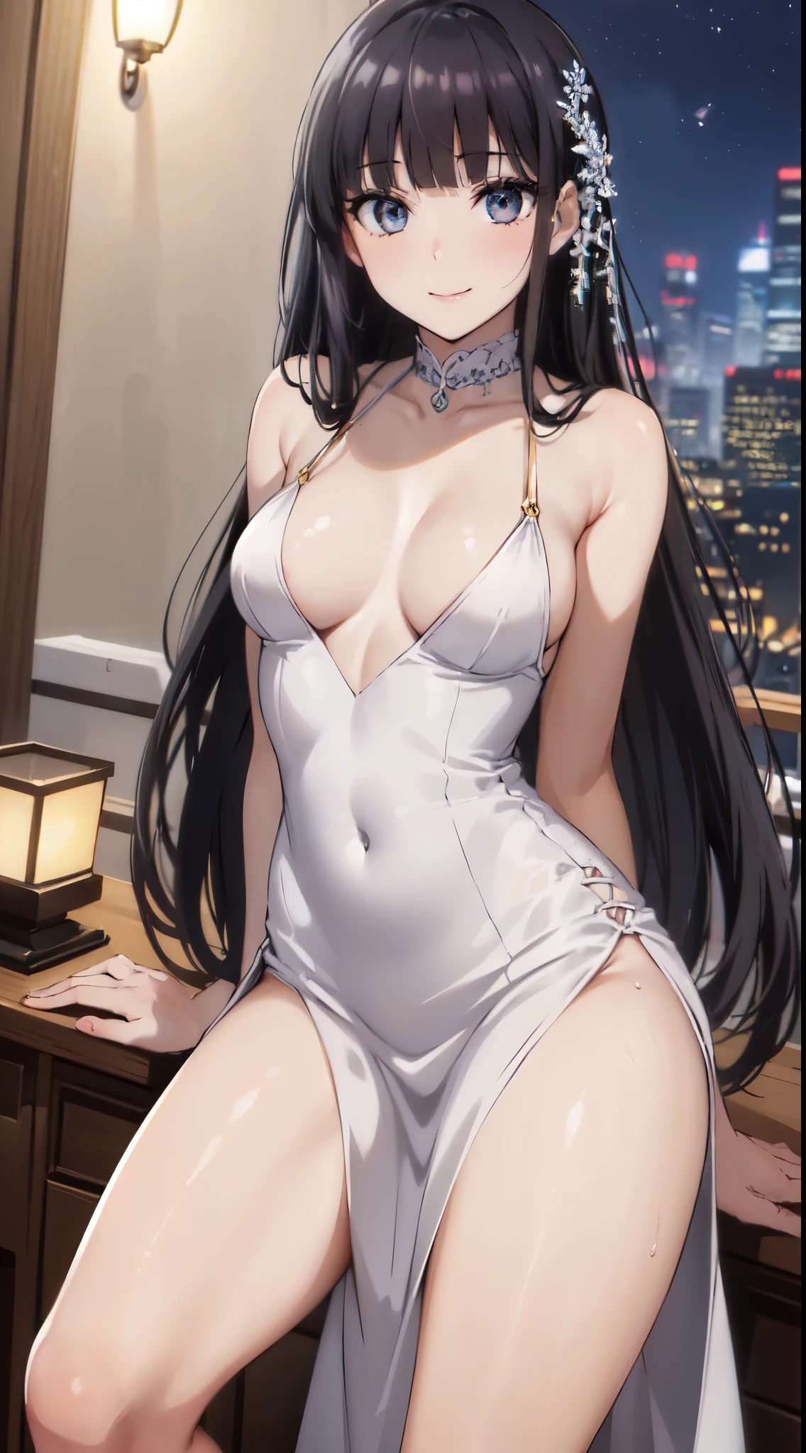 (masterpiece:1.5),(Perfect female body:1.5),very precise details,(Ultra High Resolution:1.4),the Extremely Detailed CG Unity 8K Wallpapers,(Realistic,Photorealsitic,hyper realisitic:1.5),(Curve,Model,Farbe care:1.5),Beautiful breasts,Farbe_aberration,beautiful detailed shadow,Beautiful eyes,Beautiful body,Beautiful skin,beautifull hands,(Aesthetic Anime Eyes:1.4),Smile,(shiny oiled skin: 1.4),(Very small eyes:1.4),(A slender:1.3),Celebrity Room,Luxurious room,A room in a hotel,Room with window,Colossal tits,(white hair ornament:1.4),(Dark hair:1.5),(Smile:1.4),Colossal tits,(de pele branca:1.4),
(Ginza cityscape at night:1.4),Cinematic lighting,brightly lit room, indirect lighting, early evening, Bedroom, With one woman ,brue eyes,pure passion, pure lust, Sweaty skin, depth of fields, From below, down angle shot,Ultra-realistic sexy Natalie Levin details, (sexy facial expression:1.3),red blush, Details of seductive look: 1.4), BREAK ,(white Farbe dress:1.4), Blunt bangs, satin, glinting,(side slits:1.4), Night, arms folded,( White and gold dress:1.4),