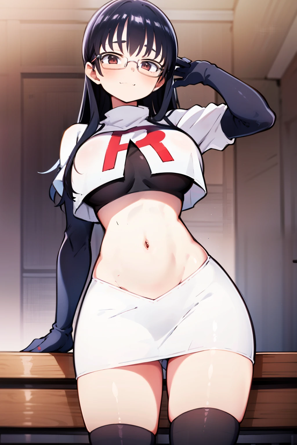 (masterpiece, best quality, ultra-detailed), 1girl, looking at viewer, glasses, team rocket,team rocket uniform,white skirt,red letter R,crop top,black thigh-highs,black elbow gloves,