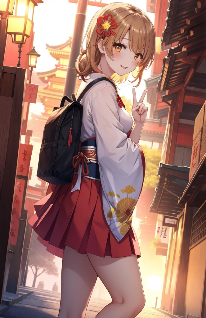 masutepiece, High quality, Best Quality, High resolution, 4K, High Definition, Beautiful lighting,Highly detailed face, well-drawn hands, well-drawn legs,well-drawn feet,well-drawn eyes,1girl in, iroha, Brown hair, The long-haired, Hair tied back,Flower hair ornament,yellow kimono,Furisode,long skirt,Sandals,shrines,Sunrise, Smiling , red lines under eyes, Close both eyes, girl peace pose, girl peace sign, (((from the front side))) ,medium breasts