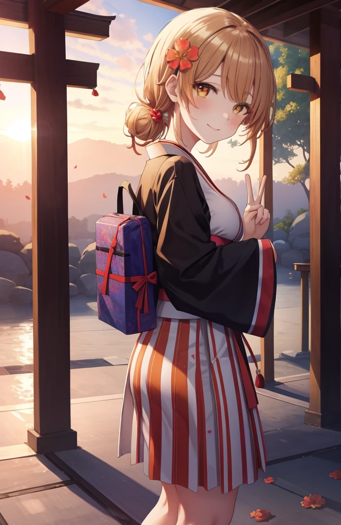 masutepiece, High quality, Best Quality, High resolution, 4K, High Definition, Beautiful lighting,Highly detailed face, well-drawn hands, well-drawn legs,well-drawn feet,well-drawn eyes,1girl in, iroha, Brown hair, The long-haired， Hair tied back，Flower hair ornament，yellow kimono，Furisode，long  skirt，Sandals，shrines，Sunrise， Smiling , red lines under eyes, Close both eyes, girl peace pose, girl peace sign, (((from the front side))) ,medium breasts