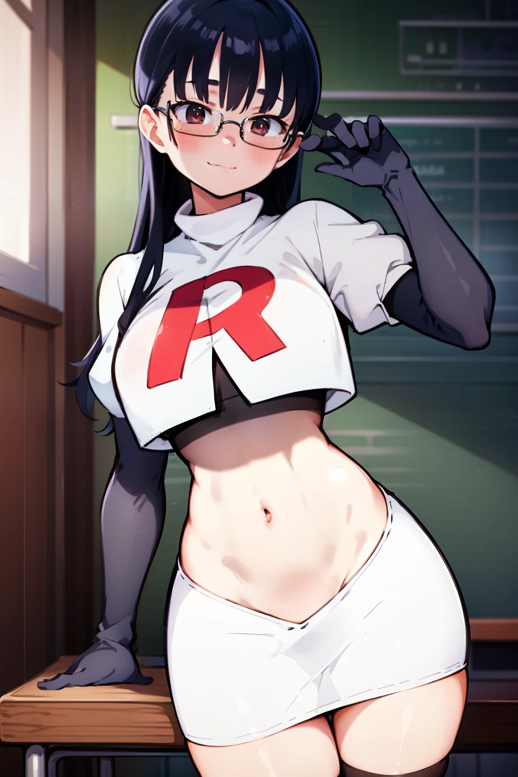 (masterpiece, best quality, ultra-detailed), 1girl, looking at viewer, glasses, team rocket,team rocket uniform,white skirt,red letter R,crop top,black thigh-highs,black elbow gloves,