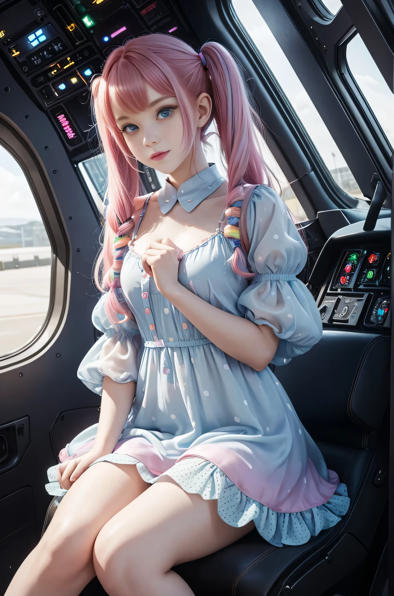 Best Quality, Masterpiece, 8k, RAW (overhead view) Cute redhead with rainbow colored hair tips, ribbons in her hair, 18-year-old woman, happy, smiling, in twin tails, perfect eyes, clear sparkling blue eyes, pale skin, silky smooth skin, flying a fancy metal luxurious space ship, futuristic cockpit, she's a pilot, outer space seen in windows, dark warm lighting, wearing a sheer, see though, pleated (chemise) nightgown (pastel rainbow colors, and polka dots), puffy sleeves.