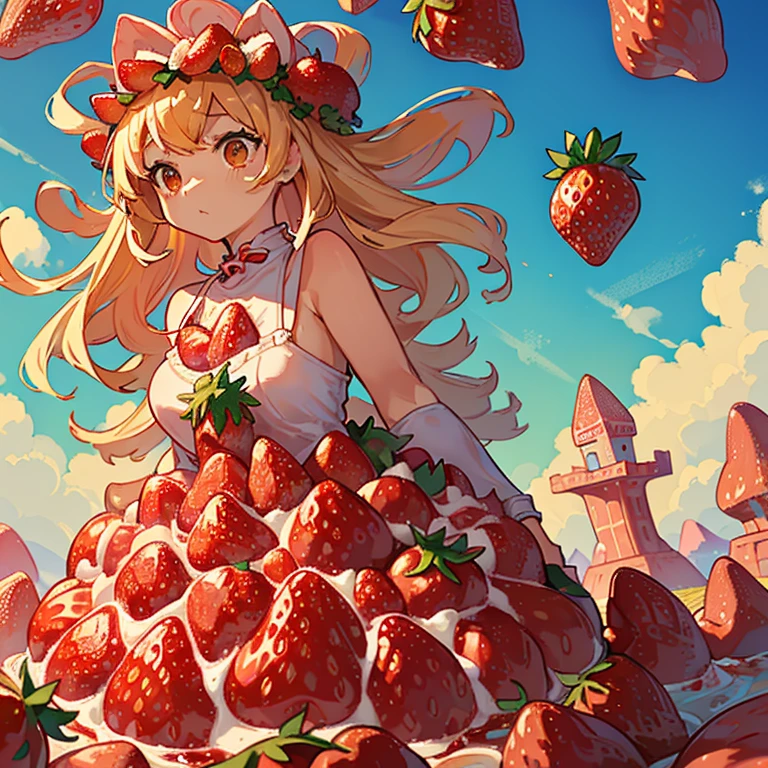 A girl covered in strawberry parfait serving a giant strawberry、Amazing dynamism、Amazing Angle、Unstable buoyancy sandstorm、((((Many friendly giant strawberries float closely together and chase each other.))))。surround each other&#39;giant strawberry、Tarot Cards、golden strawberry frame，