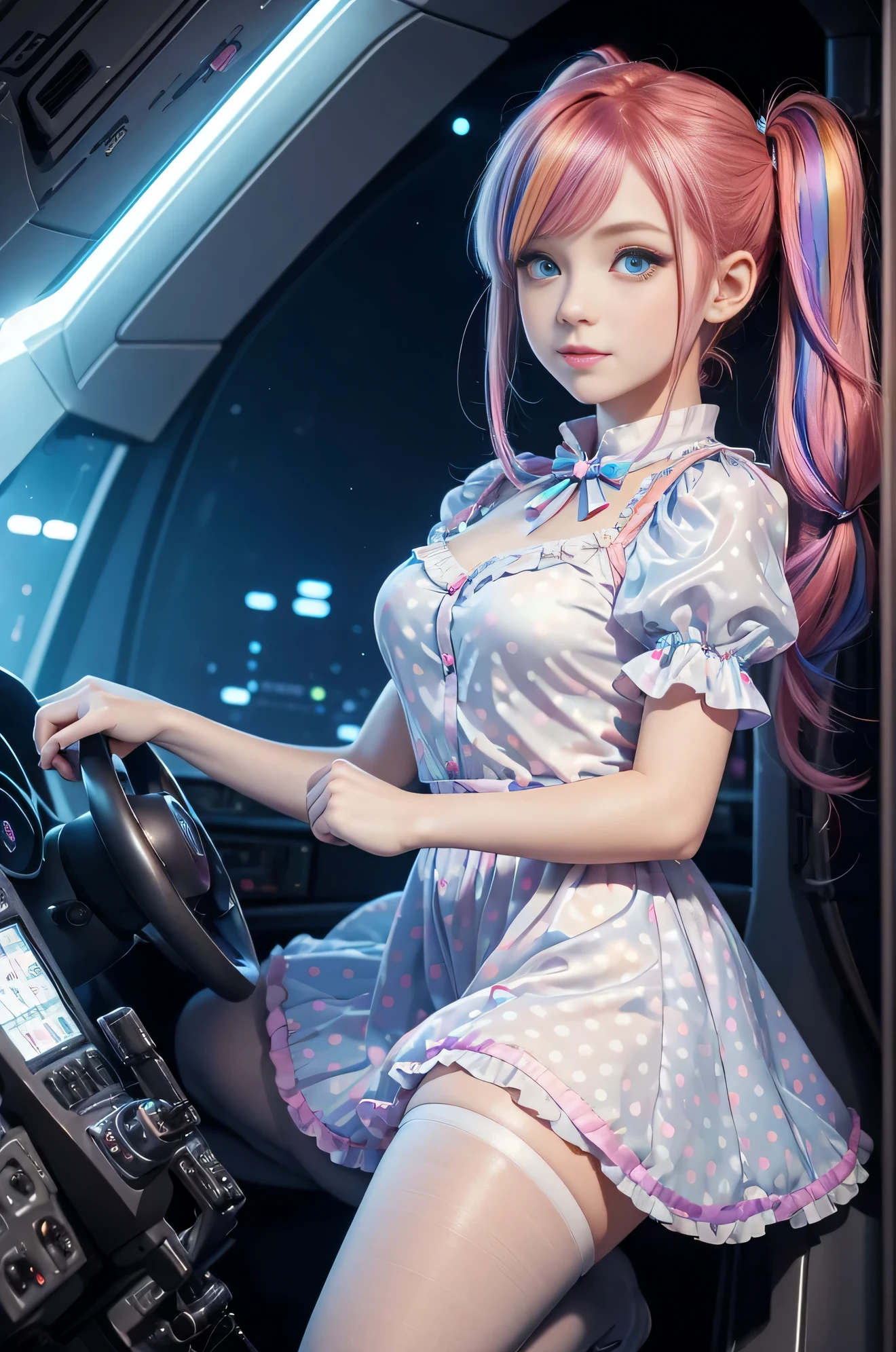 Cute redhead with rainbow colored hair tips, ribbons in her hair, 18-year-old woman, happy, smiling, in twin tails, perfect eyes, clear sparkling blue eyes, pale skin, silky smooth skin, flying a fancy metal luxurious space ship, futuristic cockpit, she's a pilot, dark warm lighting, wearing a futuristic party dress, pleated (chemise) mini dress (pastel rainbow colors, and polka dots), puffy sleeves, silk, wearing full body pantyhose, cute short cut booties.
