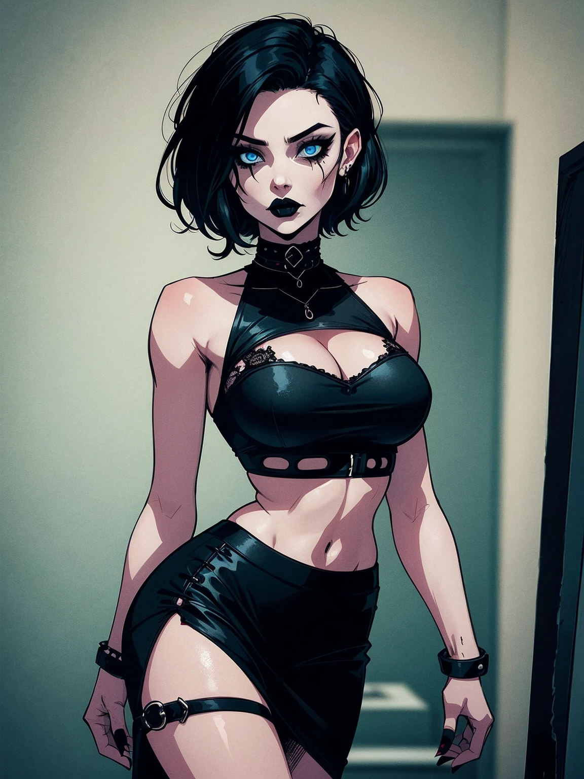 a woman with short black hair wearing a black cropped t-skirt, blue eyes, zombie art, gothic art, cute aesthetic with vibe, toon aesthetic, wearing red costume, wearing gothic accessories