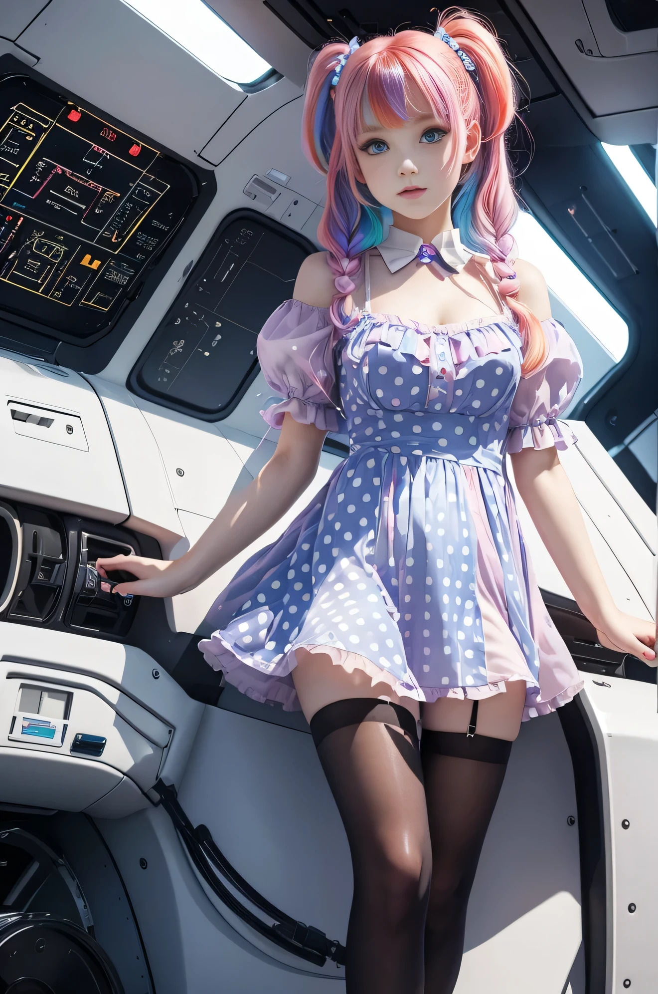 cute 19-year-old neon haired woman, pale white skin, happy, smiling, in twin tails, perfect blue eyes, pale goth skin, silky smooth skin, flying a fancy metal luxurious space ship, futuristic cockpit, she's a pilot, outer space seen in windows, dark warm lighting, wearing a futuristic dress, pleated (chemise) mini dress (pastel rainbow colors, and polka dots), puffy sleeves low cut top, silk, ((pantyhose under dress)), tights, cute short cut booties, boots.