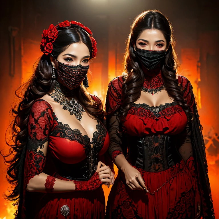 La mejor calidad, Obra maestra, Super High Resolution, (realismo: 1.4), foto realista, mariachi with skull mask,color rojo,con sables en cada mano