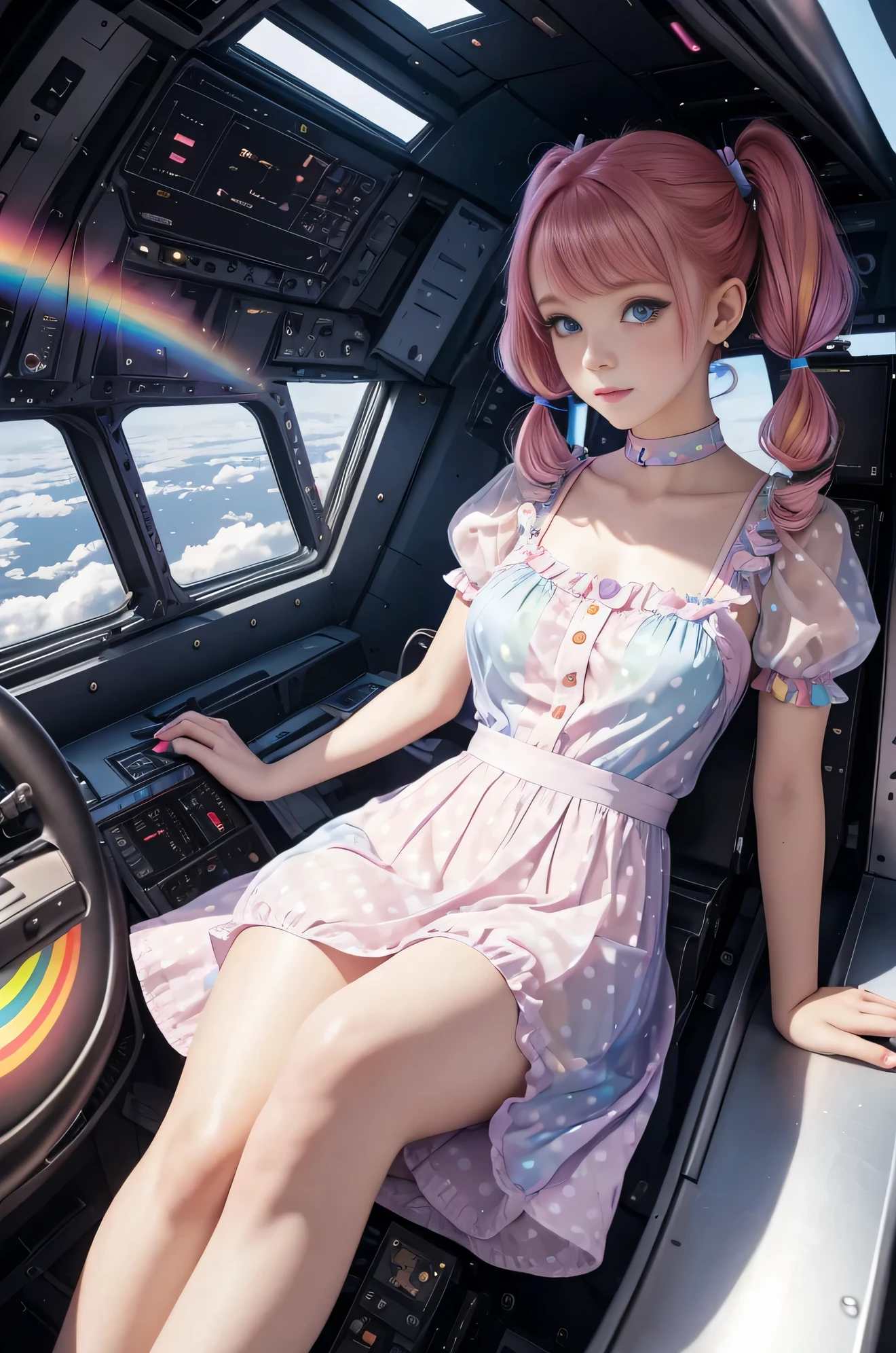 Cute redhead with rainbow colored hair tips, ribbons in her hair, 18-year-old woman, happy, in twin tails, perfect eyes, clear sparkling blue eyes, pale skin, silky smooth skin, flying a fancy metal luxurious space ship, futuristic cockpit, she's a pilot, dark warm lighting, wearing a futuristic party dress, pleated (chemise) mini dress (pastel rainbow colors, and polka dots), puffy sleeves, silk, wearing full body pantyhose, cute short cut booties.