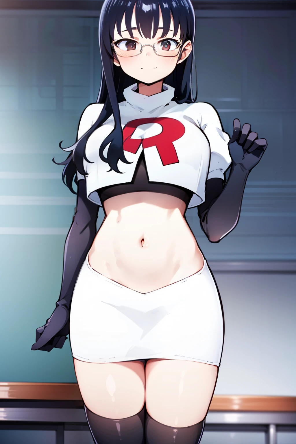 (masterpiece, best quality, ultra-detailed), 1girl, looking at viewer, glasses, team rocket,team rocket uniform,white skirt,red letter R,crop top,black thigh-highs,black elbow gloves,