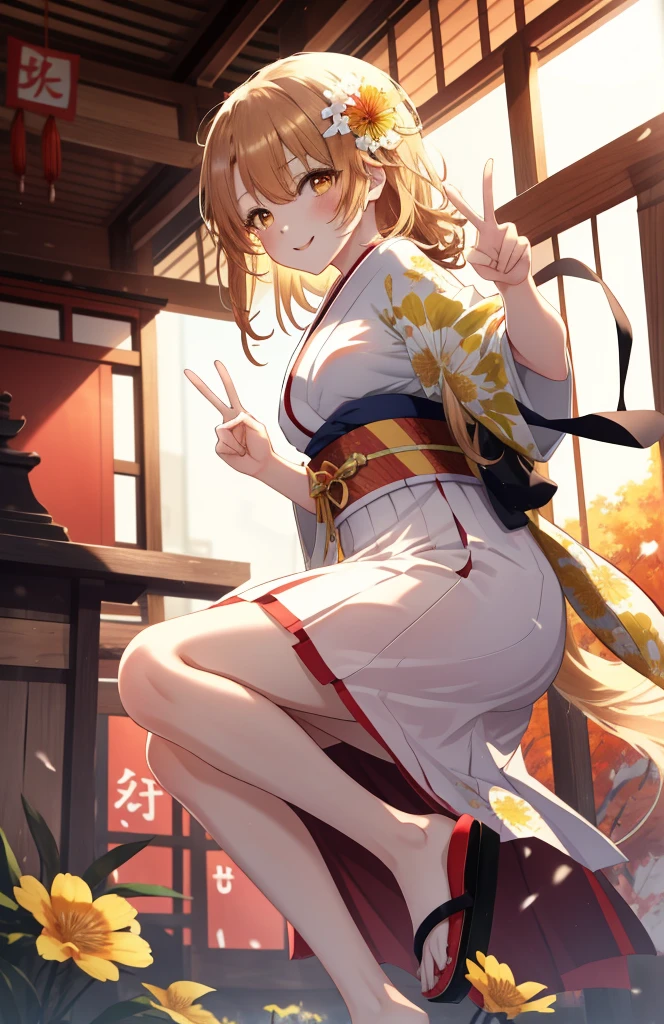 masutepiece, High quality, Best Quality, High resolution, 4K, High Definition, Beautiful lighting,Highly detailed face, well-drawn hands, well-drawn legs,well-drawn feet,well-drawn eyes,1girl in, iroha, Brown hair, The long-haired, Hair tied back,Flower hair ornament,yellow kimono,Furisode,long skirt,Sandals,shrines,Sunrise, Smiling , red lines under eyes, Close both eyes, girl peace pose, girl peace sign, (((from the front side))) ,medium breasts