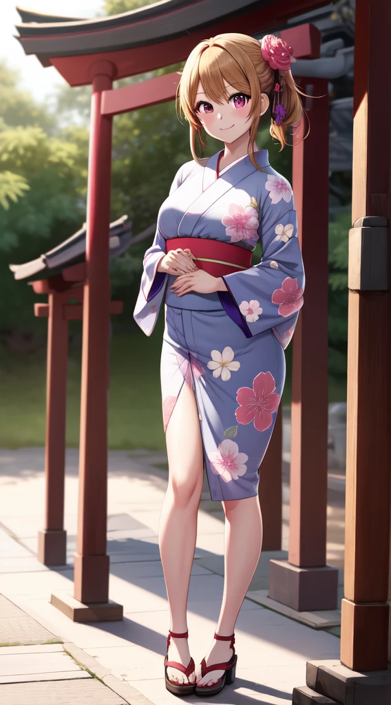 anime, beautiful face, highly detailed face, 2 accurate legs detailed eyes, highly detailed background, perfect lighting, accurate arms, accurate hands, accurate fingers, full body, 1girl, solo, ruby hoshino, oshi no ko, outdoors, detailed heels, absurdres, high res, ultrasharp, 8K, masterpiece, elegant pose, (full body:1.4), teasing smile, wearing a yukata, beautiful yukata, at a shrine, at a shrine to make a offering, hands together praying