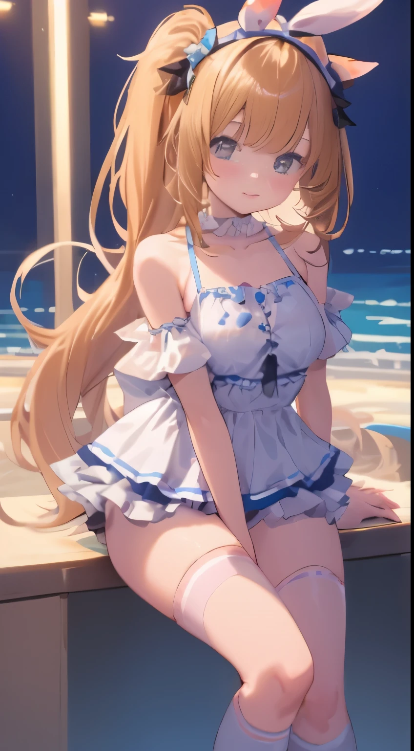 Highest quality, necessities, 超高分辨率, (Realistis: 1.4), RAW photogr, 1 girl, United Kingdom, ruffle headband, pony tails, Braided hair, Ribbon Ties, High-fork swimsuit, Over-the-knee, White silk knee-high socks, Glowing skin ,