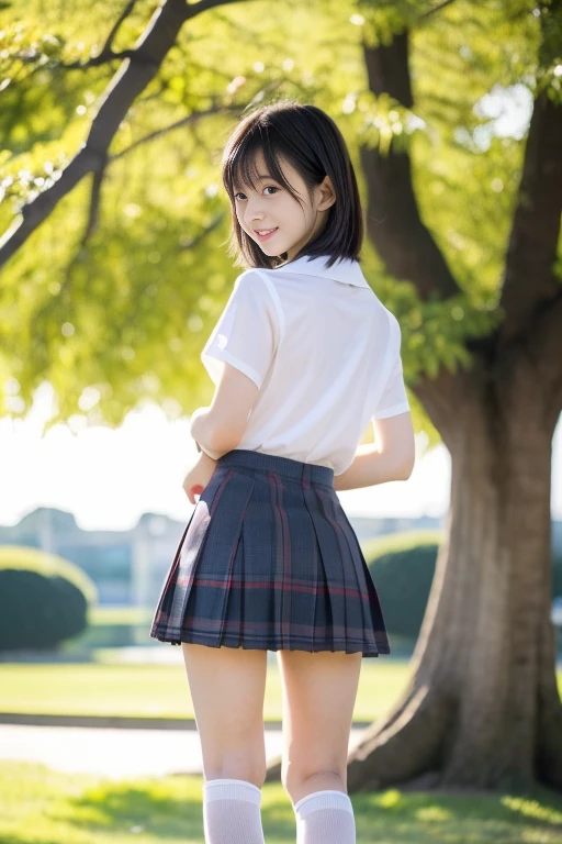 (((​masterpiece))), (((Full body photo)))， (One beautiful Japan girl, classmates, landscape and innocence，kawaii) ，超A high resolution, Realistic, ultra-detailliert, 8K,top-quality, Extremely detailed, Detailed background,A slender,very beautiful japanese girl, Detailed face:1.3), (Bery short hair，A dark-haired :1.4), (a ，kawaii系,adorable 14 year oPerfect body:1.1),  (White shirt，Red Check Ribbon，Red plaid mini skirt、Dark blue high socks), On the lawn of the park，ask for a smile,Show your beautiful teeth,((Focus on the crotch，The skirt is rolled up、Panties are visible，Underwear is sheer))，Looking back、rosy cheeks，Super Detailed Face、Detailed lips、A detailed eye、small gravure idol，Transparent skin、Lolita，japanese hight school uniform，Shade，Under a big tree，Photorealistic:1.37，no-makeup，Neutral Lighting，((posterior view))、Enlarge the buttocks、Looking up from the ground