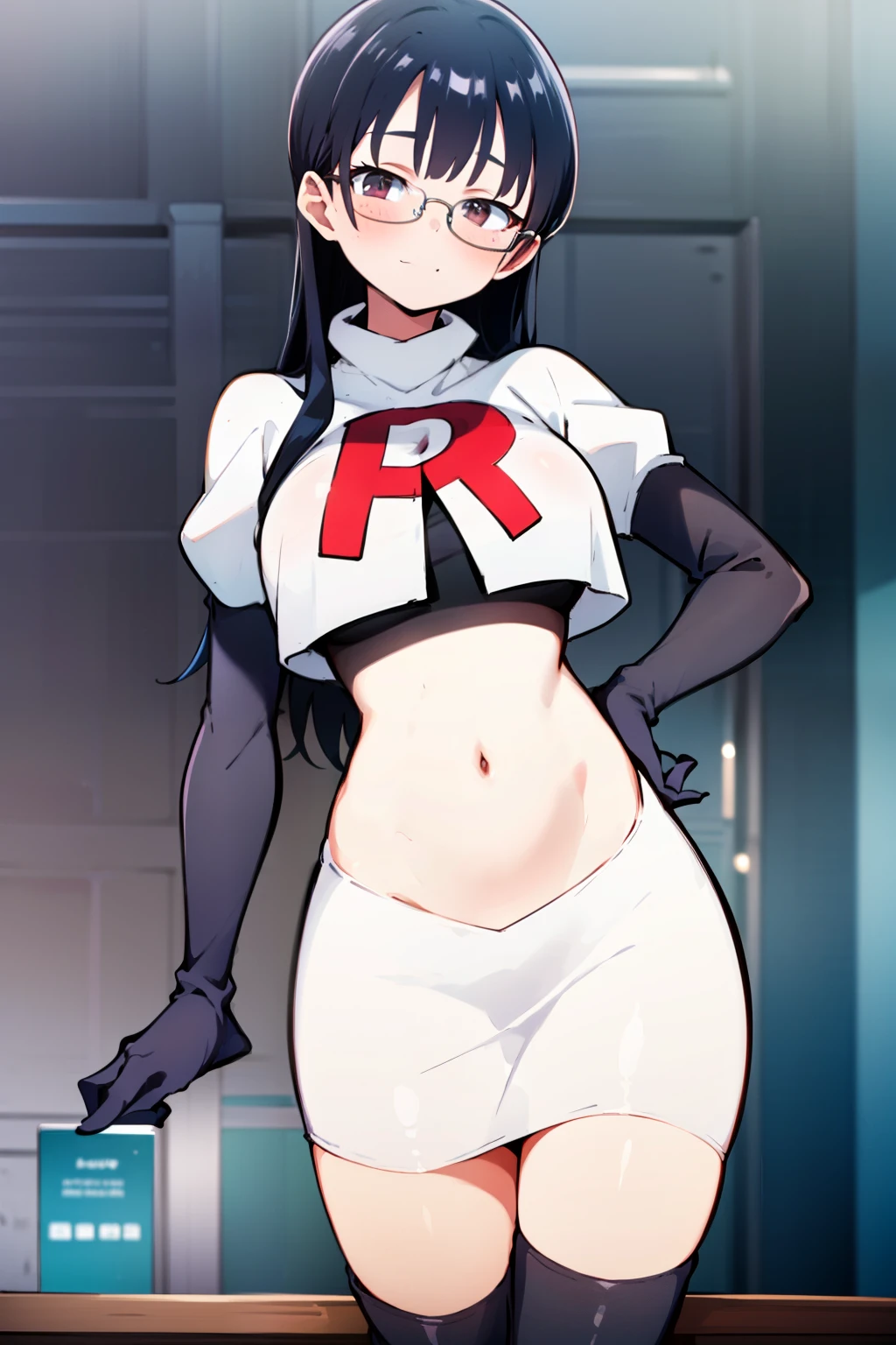 (masterpiece, best quality, ultra-detailed), 1girl, looking at viewer, glasses, team rocket,team rocket uniform,white skirt,red letter R,crop top,black thigh-highs,black elbow gloves,