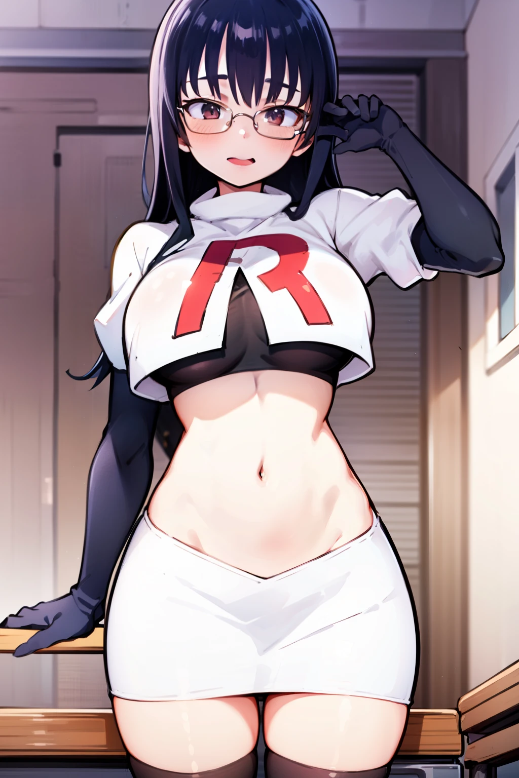 (masterpiece, best quality, ultra-detailed), 1girl, looking at viewer, glasses, team rocket,team rocket uniform,white skirt,red letter R,crop top,black thigh-highs,black elbow gloves,