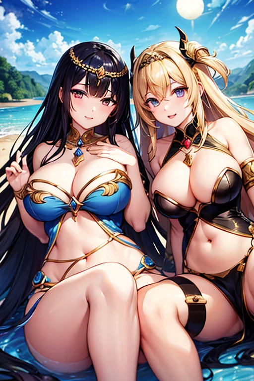 two distinct goddesses, Lumira the goddess of light with her long, wavy golden hair, eyes as blue as the sky and Devora the goddess of darkness with her long hair as black as the night, eyes as black as the pitch of night, the two together, closeup