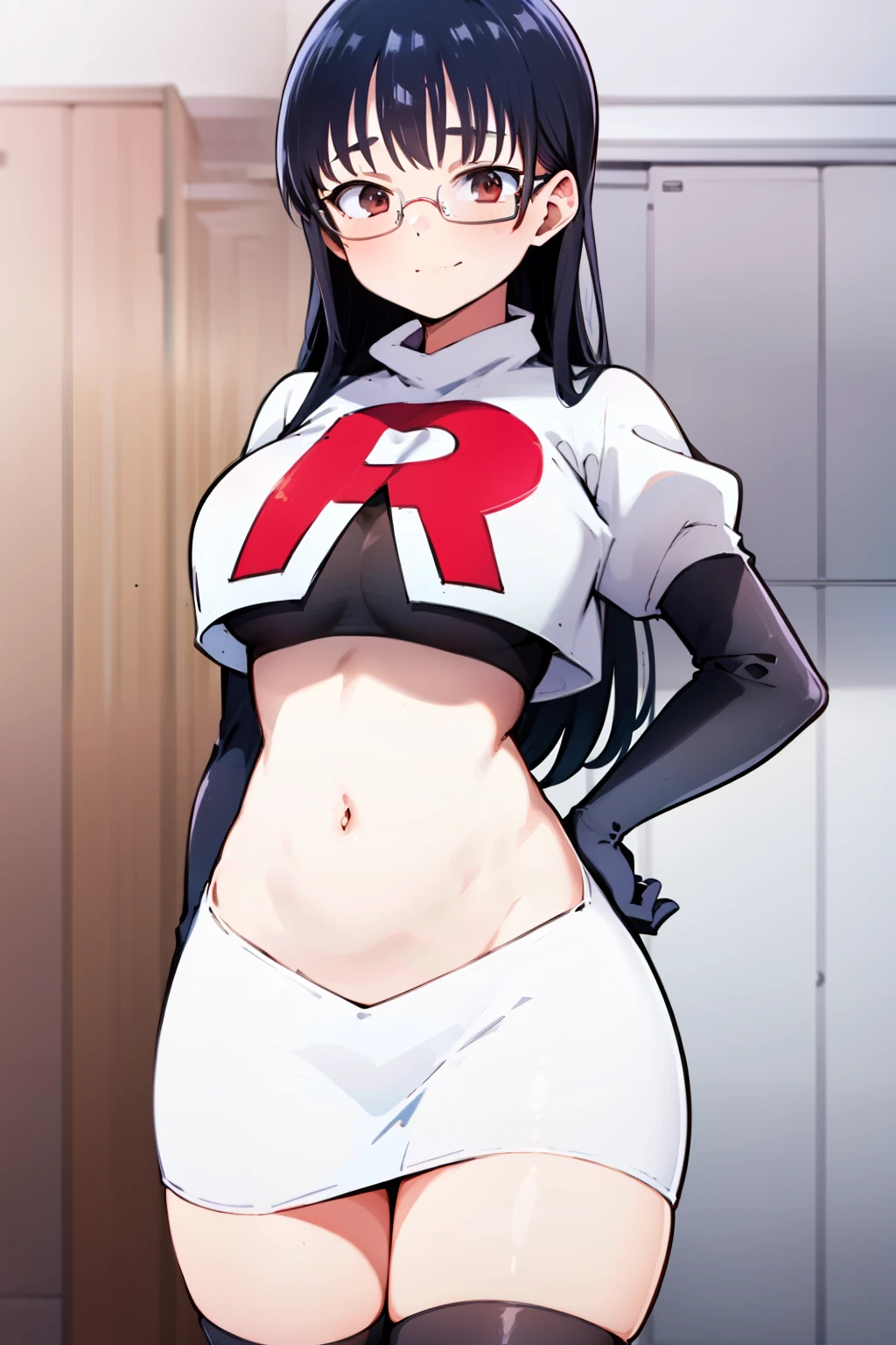 (masterpiece, best quality, ultra-detailed), 1girl, looking at viewer, glasses, team rocket,team rocket uniform,white skirt,red letter R,crop top,black thigh-highs,black elbow gloves,