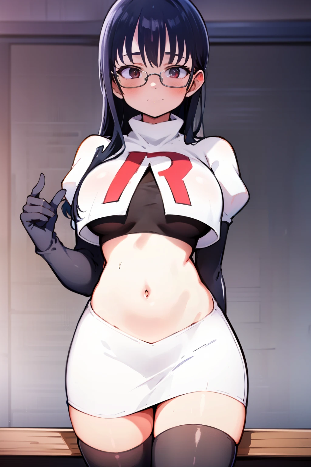 (masterpiece, best quality, ultra-detailed), 1girl, looking at viewer, glasses, team rocket,team rocket uniform,white skirt,red letter R,crop top,black thigh-highs,black elbow gloves,