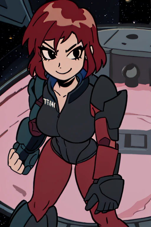 ScottPilgrim Style, 1girl, solo, smile, 1girl, solo, Jane Shepard, FemShep, short hair, red hair, black eyes, black power armor, N7, outer space, ringed planet,