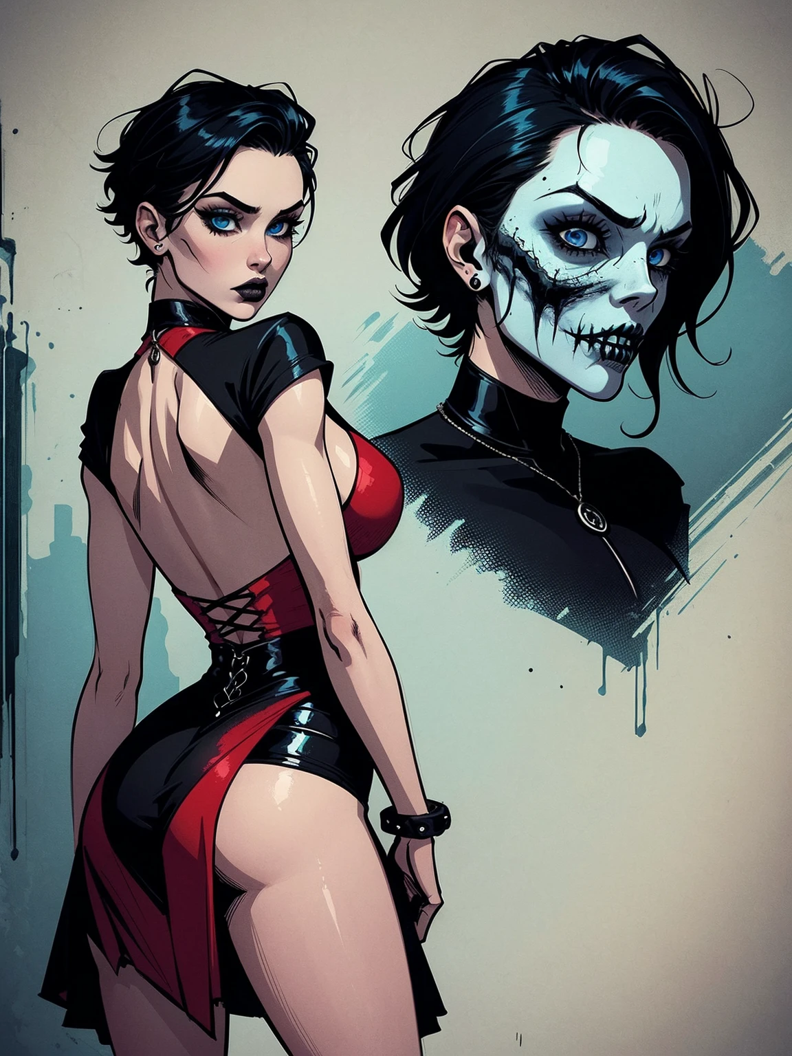 a woman with short black hair wearing a black cropped t-skirt, blue eyes, zombie art, gothic art, cute aesthetic with vibe, toon aesthetic, wearing red costume, wearing gothic accessories, look like Cassie Hack, backwards, looking back, portrait
