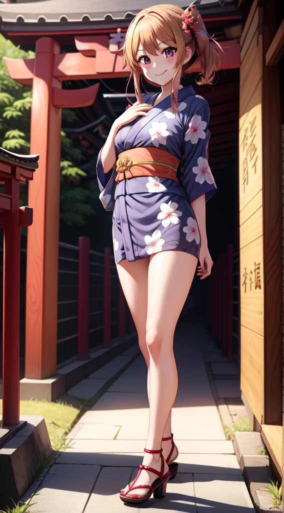 anime, beautiful face, highly detailed face, 2 accurate legs detailed eyes, highly detailed background, perfect lighting, accurate arms, accurate hands, accurate fingers, full body, 1girl, solo, ruby hoshino, oshi no ko, outdoors, detailed heels, absurdres, high res, ultrasharp, 8K, masterpiece, elegant pose, (full body:1.4), teasing smile, wearing a yukata, beautiful yukata,  at a shrine, at a shrine to make a offering, hands together praying