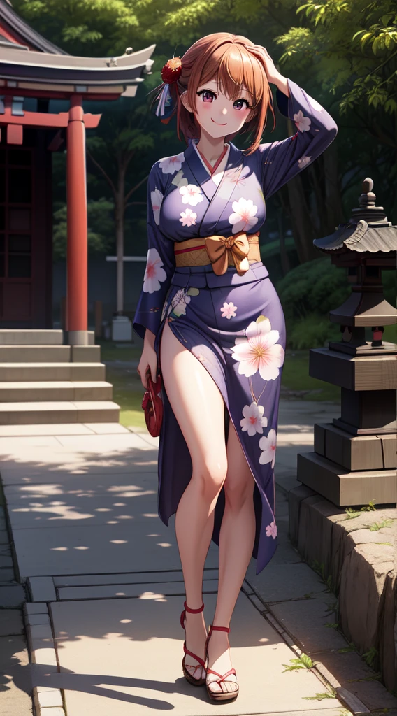 Standing wearing yukata、Outstanding smile、 milf 、Japanes、huge breast、short hair、(gleaming skin:1.4)、arms behind back, pigeon toed, (outdoor, festival, night:1.2)