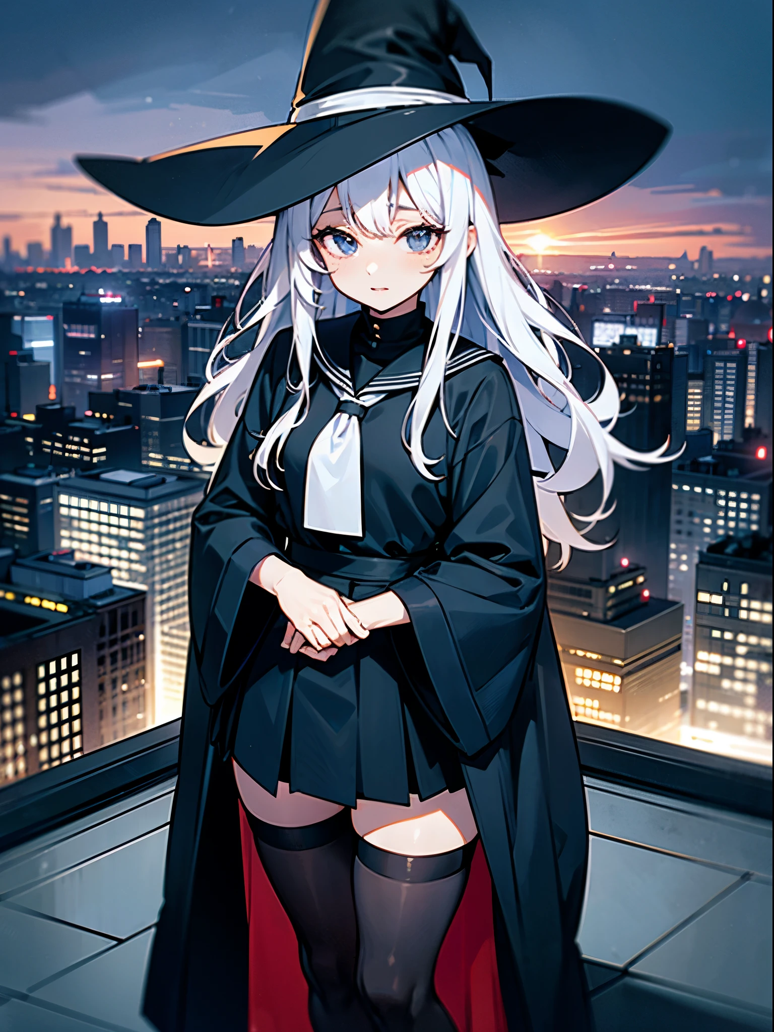 This is the rooftop of the tallest building in Tokyo.、You can look down on the city buildings from here.、It's night now、Woman wearing a large black witch hat with sapphire accessories、wearing a long black coat、She wears a sailor suit、she is wearing a checked skirt、knee-length black stockings、black running shoes with white laces、Short, pure white loose lob hair、small tits