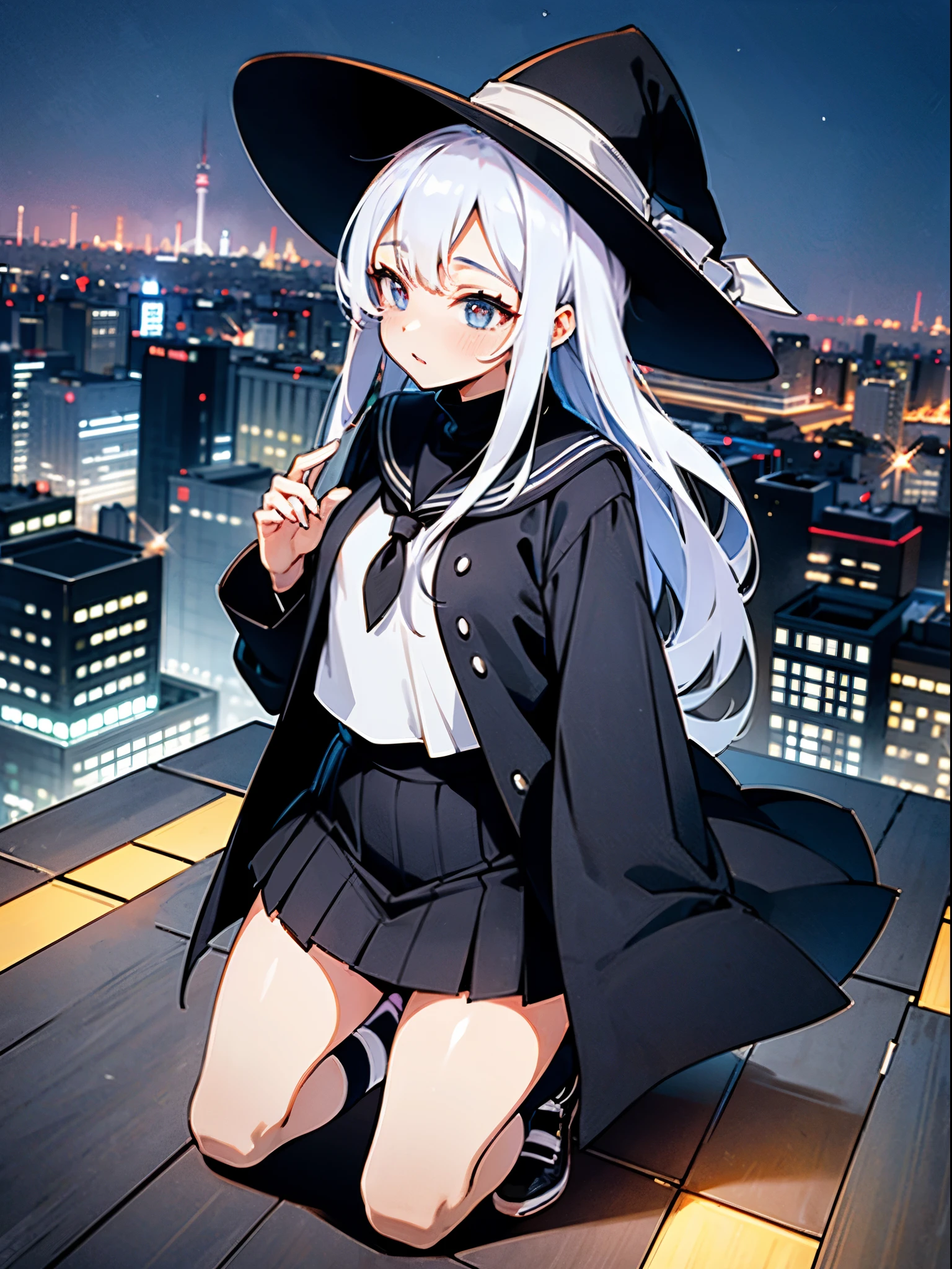 This is the rooftop of the tallest building in Tokyo.、You can look down on the city buildings from here.、It's night now、Woman wearing a large black witch hat with sapphire accessories、wearing a long black coat、She wears a sailor suit、she is wearing a checked skirt、knee-length black stockings、black running shoes with white laces、Short, pure white loose lob hair、small tits