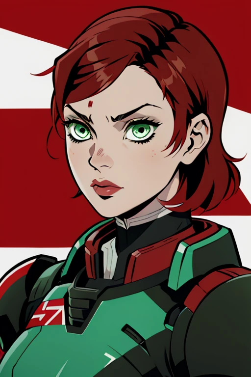 kimetsu no yaiba style,1girl, solo, Jane Shepard, FemShep, short hair, red hair, green eyes, black power armor, N7, anime colorinasterpiece