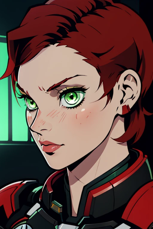 kimetsu no yaiba style,1girl, solo, Jane Shepard, FemShep, short hair, red hair, green eyes, black power armor, N7, anime colorinasterpiece