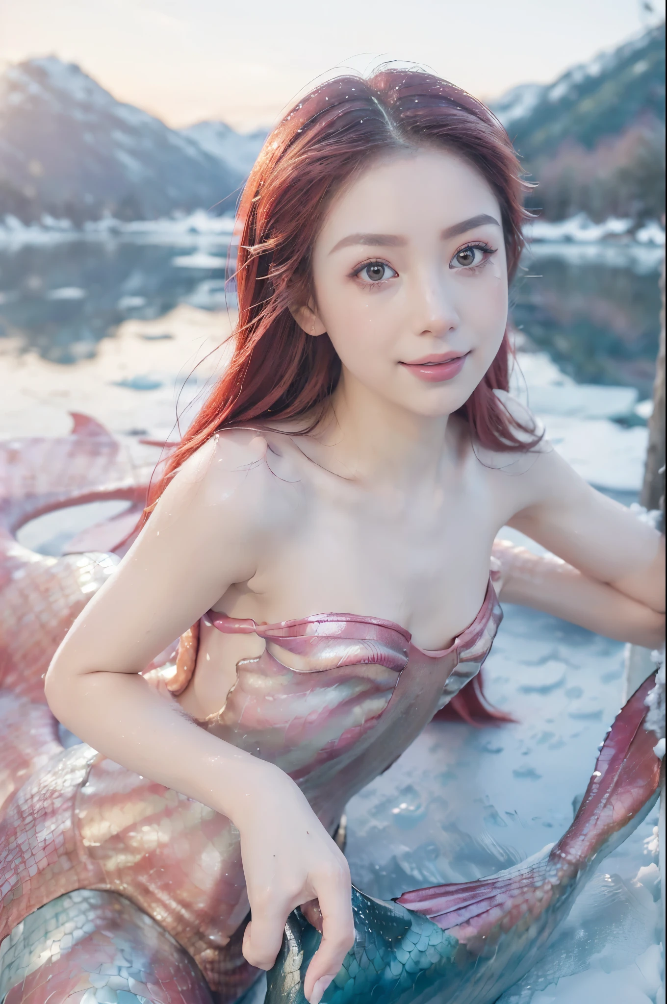 ((((8k))),((Extremely meticulous CG)) ,(wallpaper),16k,((Extremely refined and beautiful))，(((Masterpiece))),(((best qualtiy))),(((Ultra High Resolution))),beautiful light up,Perfect lightning,realistic shaded,[A high resolution],(Smooth and flawless fair skin:1.5),(pale skin:1.3),(shiny skin:1.5),Extremely exquisite facial details,(perfect body：1.1),ultra - detailed,A beautiful girl,(mermaid:1.5),solo,small head,(shoulder length straight black bob hair:1.1),(Hair fluttering:1.1),small face,Exquisite makeup,(small breasts:1.5),flat chests,slim,thin,happy,(Smile:1.2),Covered in dewdrops,(sweat:1.3),bare shoulder,bare back,strapless,(red|pink mermaid costume:1.5),(tank top made of shell:1.3),(day scene:1.5),outdoor,(On the frozen lake surface:1.3),(The lake surface covered in  and snow),(detailed background:1.5),(Wilderness,forests,snow mountains),(sow scape:1.2),winter,(snowing:1.1),(sitting on the ground),(upper body:1.2),(from front:1.3),