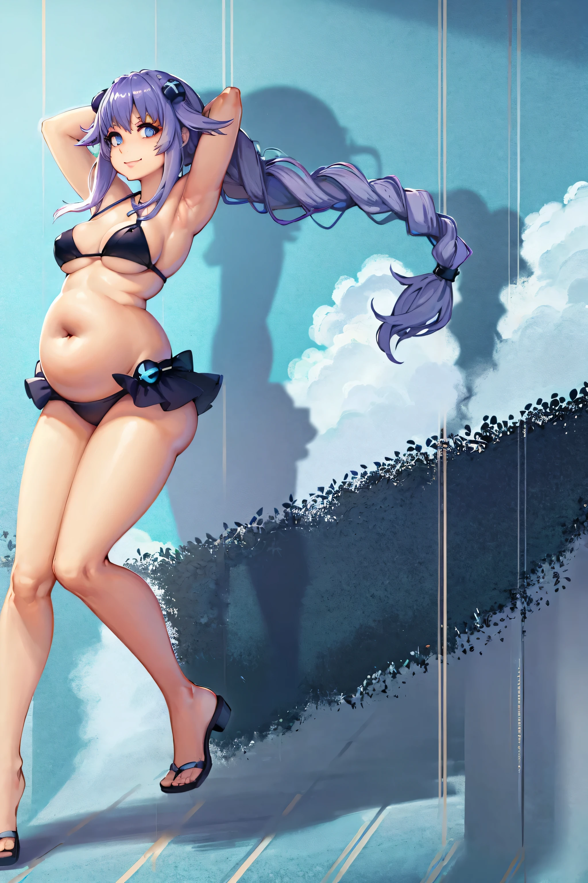 ((masterpiece)), (((best quality))), art by kipteitei, 1girl, solo, prplhrtdef, twin braids, hair ornament, smile, happy, light blue eyes, white bikini, small belly, arms behind head, looking at viewer, ultra high definition