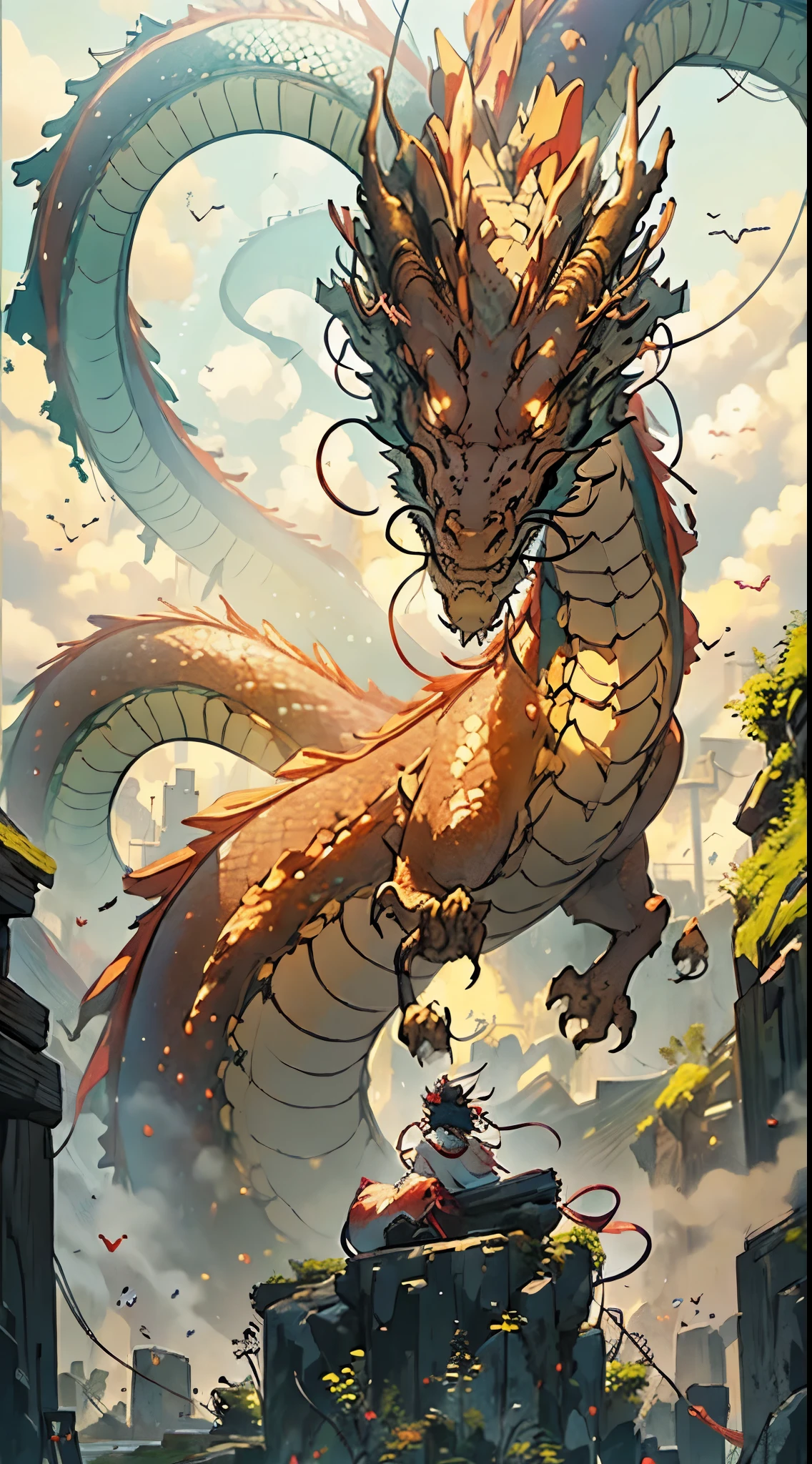 (Best Quality, masutepiece), (aesthetic and highly detailed:1.5), The dragon, go up