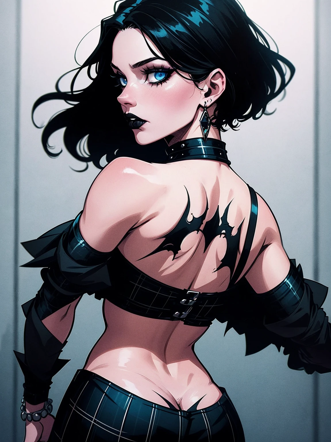 a woman with short black hair wearing a black cropped and plaid skirt, blue eyes, zombie art, gothic art, cute aesthetic with vibe, toon aesthetic, wearing red costume, wearing gothic accessories, look like Cassie Hack, backwards, looking back, portrait