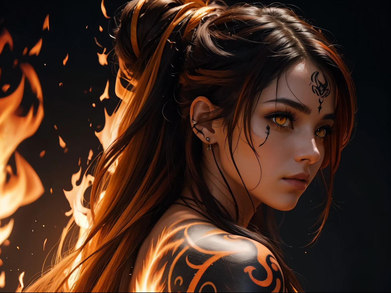 (best quality) (close up) girl with fire for hair that flows over and down her back looking over her shoulder, yellow and dark orange eyes of fire intensely staring, fire tattoos on her face, fire tattoos, tattoos, HDR, 4K, Ultra high detail.